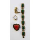 Foreign silver and green hardstone set bracelet, two Mexican silver brooches and a silver ring