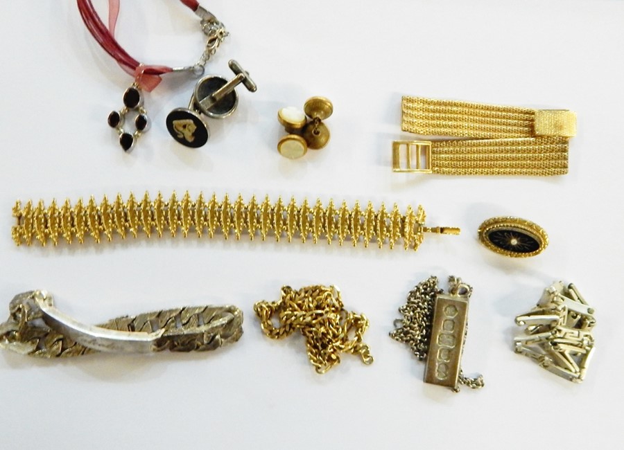 Assorted costume jewellery to include pendant in the form of hallmarked silver ingot, a hollow