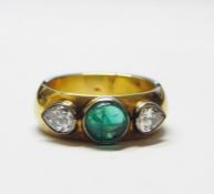 18ct gold, emerald and diamond ring set central circular cabochon emerald flanked by two pear-shaped