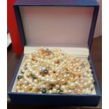 Various faux-pearl necklaces, a brooch, earrings, etc (1 box)