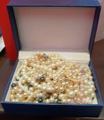 Various faux-pearl necklaces, a brooch, earrings, etc (1 box)