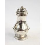 George II silver pepperette with girdled baluster form, pierced engraved mid surmounted by ball