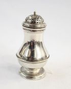 George II silver pepperette with girdled baluster form, pierced engraved mid surmounted by ball