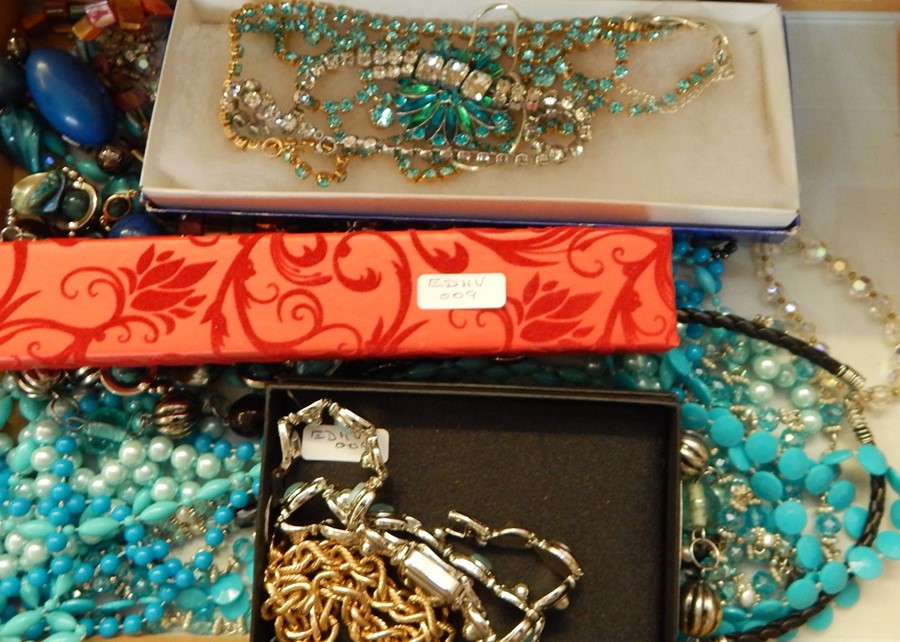 Quantity of costume jewellery including various diamante and similar necklaces, glass necklaces,