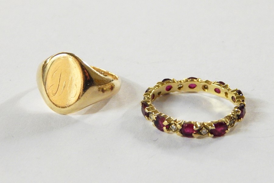 Gold, ruby and diamond eternity ring, 2.5g approx and a 9ct gold gentleman's signet ring, 4.5g