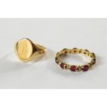 Gold, ruby and diamond eternity ring, 2.5g approx and a 9ct gold gentleman's signet ring, 4.5g