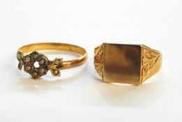 9ct gold signet ring, 2.6g, size L and a yellow metal ring set with pearls arranged in flowerhead,