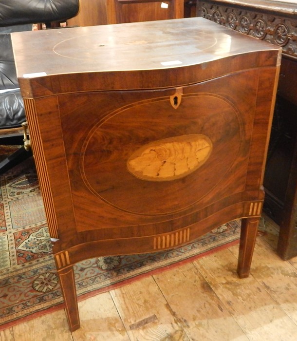 George III inlaid mahogany serpentine-fronted cellarette, the top with line and oval fan pattera