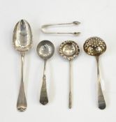 Small silver sugar tongs, George II silver tablespoon and two further plated items