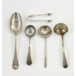 Small silver sugar tongs, George II silver tablespoon and two further plated items