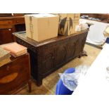 16th/17th century antique oak coffer, the front with four round arched carved panels, chequerboard