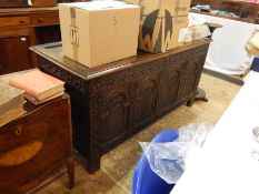 16th/17th century antique oak coffer, the front with four round arched carved panels, chequerboard