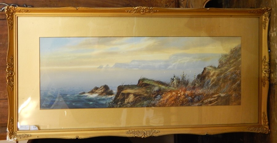 Watercolour drawing 19th century Unattributed  Coastal scene  26 x78 cms