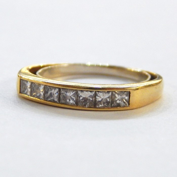 18ct gold and diamond eternity ring set with seven princess cut diamonds, 4g, in Hooper Bolton box