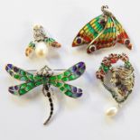 Four silver plique a jour pearl and semi-precious stone brooches to include dragonfly with pendant