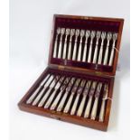 Set of 12 pairs Victorian silver fruit knives and forks with filled silver handles and silver blades