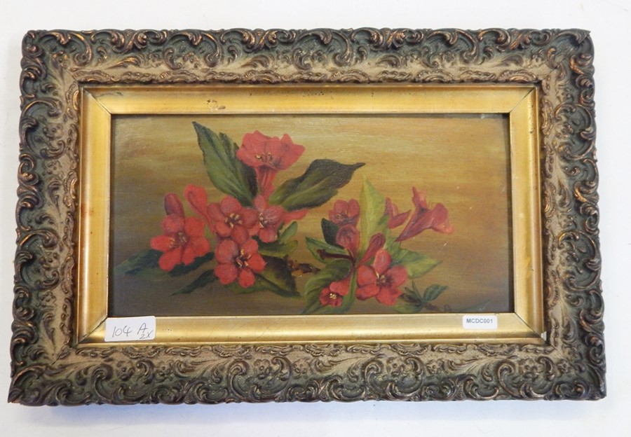 Victorian coloured engraving "The Street and College, Eton" and  Oil on board Floral Study (2)