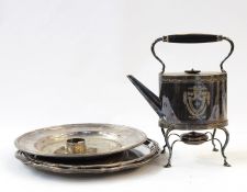 EPNS spirit kettle, three silver plated trays, a silver plated napkin ring and a sterling silver