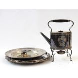 EPNS spirit kettle, three silver plated trays, a silver plated napkin ring and a sterling silver