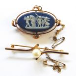 9ct gold and Wedgwood jasper brooch, oval, set blue and white jasper tablet with classical design,