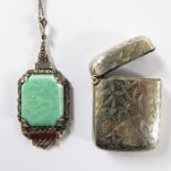 Sterling silver green stone pendant of hexagonal form, inset marcasite and cornelian rectangular