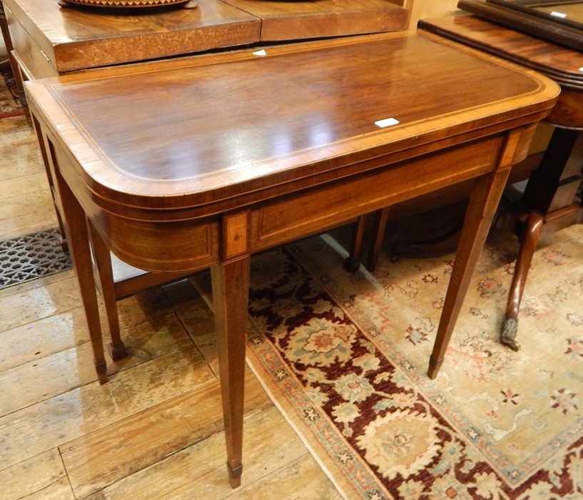 George III inlaid mahogany foldover top card table, square with curved corners, the folding top