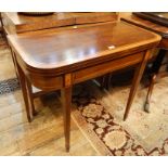 George III inlaid mahogany foldover top card table, square with curved corners, the folding top