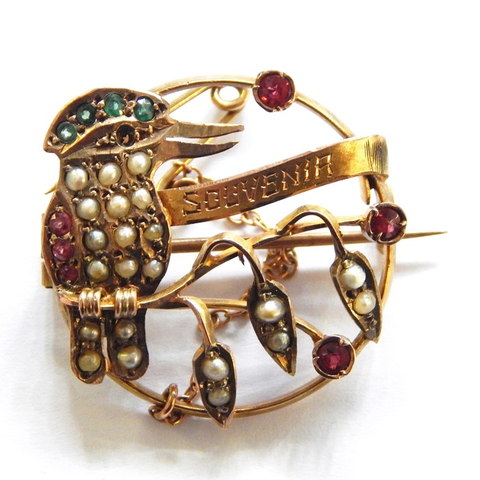 Australian gold Kookaburra souvenir brooch set seedpearls, pink and green stones (possibly rubies