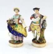 Early 19th century Sampson (Derby) porcelain figures, the lady carrying a basket, the gentleman