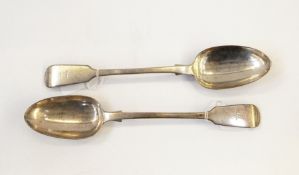 Pair of Victorian silver gravy spoons fiddle pattern with burning tower crest, London 1856, 8oz
