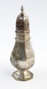Silver sugar castor of octagonal baluster form, on a raised foot, Sheffield 1894, height 16.5cm, 4oz