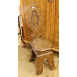 Pair antique Anglo-Indian ivory inlaid hardwood hall chairs, each with ornate oval back, panelled