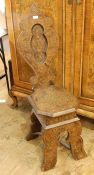 Pair antique Anglo-Indian ivory inlaid hardwood hall chairs, each with ornate oval back, panelled