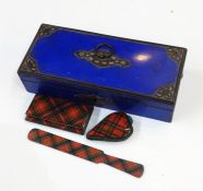 Tartan mauchlinware 'Stuart', a heart-shaped pin cushion, a paper knife and a counter holder,