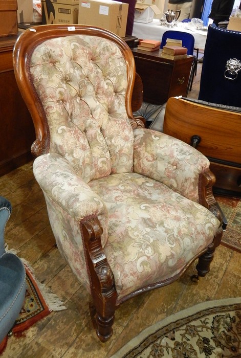 Victorian stained wood drawing room chair, the hoop back with floral button back upholstery, on