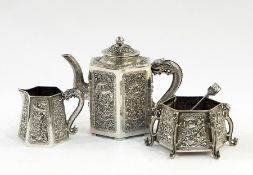 Late 19th/early 20th century Chinese silver tea service of three pieces, viz:- hexagonal teapot,