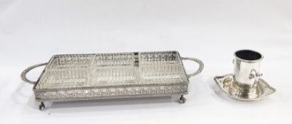 Silver plated and cut glass hors d'oeuvres tray, the rectangular tray with gallery swag borders,