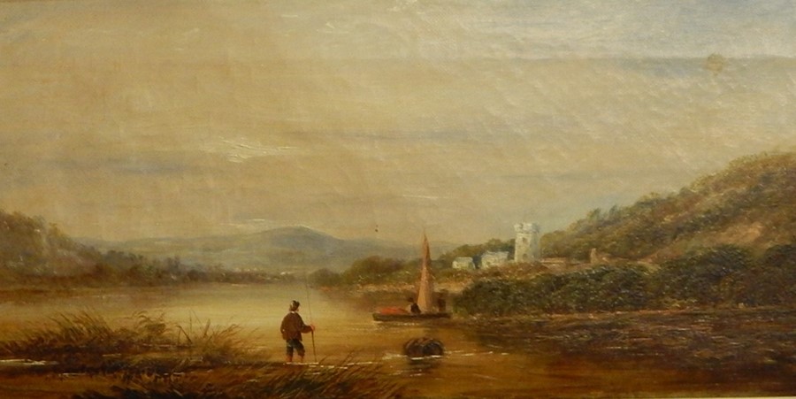 Jackson(?) Oil on canvas River scene with fishermen in foreground, buildings at the back, written '