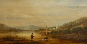 Jackson(?) Oil on canvas River scene with fishermen in foreground, buildings at the back, written '