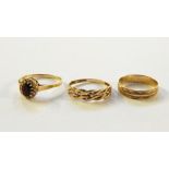 9ct gold dress ring set with oval dark red stone surrounded by white stones, 9ct knot-pattern ring