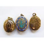 Victorian yellow metal locket, the front with enamel snowdrop decoration, with weaving blue border