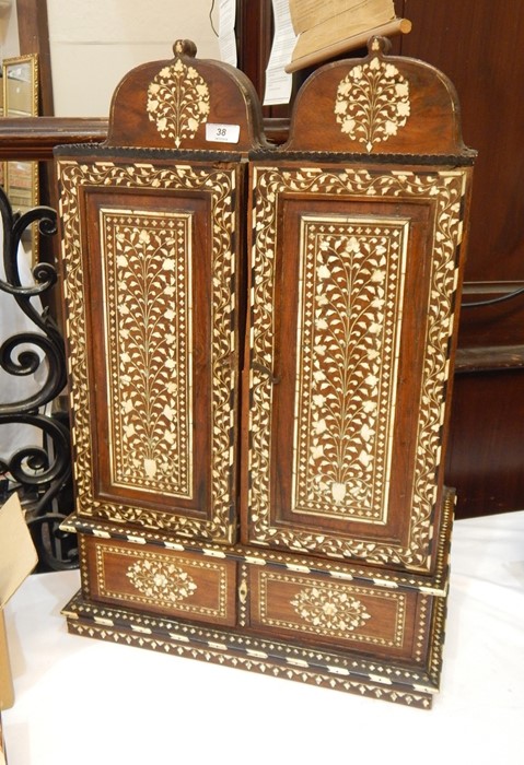 19th century Indian ivory/bone inlaid hardwood wall cabinet with arcaded interior, having pair