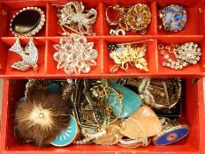 Quantity of costume jewellery brooches, bracelets, necklaces, etc, all within a red jewellery box