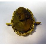 Victorian lava cameo brooch, oval with female classical head and shoulders portrait in relief and