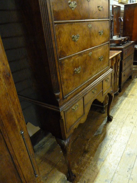 Queen Anne walnut chest on stand having ogee cornice, the upper section with two short and three - Image 4 of 8