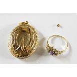 9ct gold, amethyst and pearl dress ring and gold-coloured metal oval locket with chased decoration