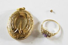 9ct gold, amethyst and pearl dress ring and gold-coloured metal oval locket with chased decoration