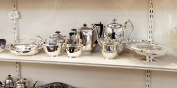 EPNS coffee pot and cream jug with gadrooned decoration, a teapot, hot water jug, sugar bowl and