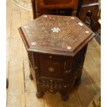 Anglo-Indian mother-of-pearl inlaid stained hardwood occasional table, hexagonal, allover scroll