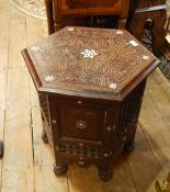 Anglo-Indian mother-of-pearl inlaid stained hardwood occasional table, hexagonal, allover scroll